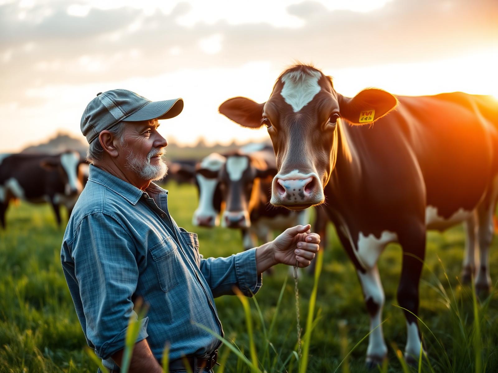 Produtor rural com seu rebanho leiteiro no campo